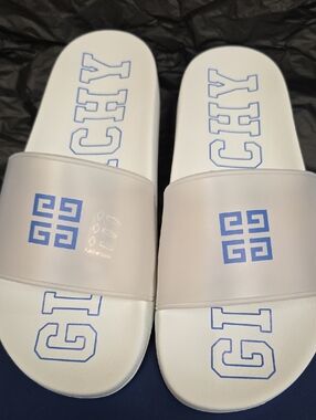 Givenchy White Slides with Light Blue Logos